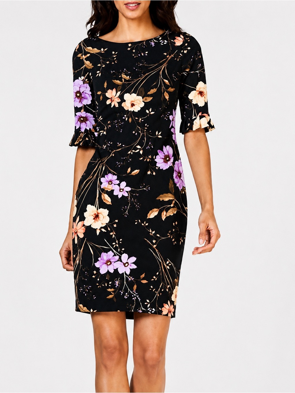 Calvin Klein Ruffle Sleeve Sheath Dress 4 Petite Floral Black Office Career